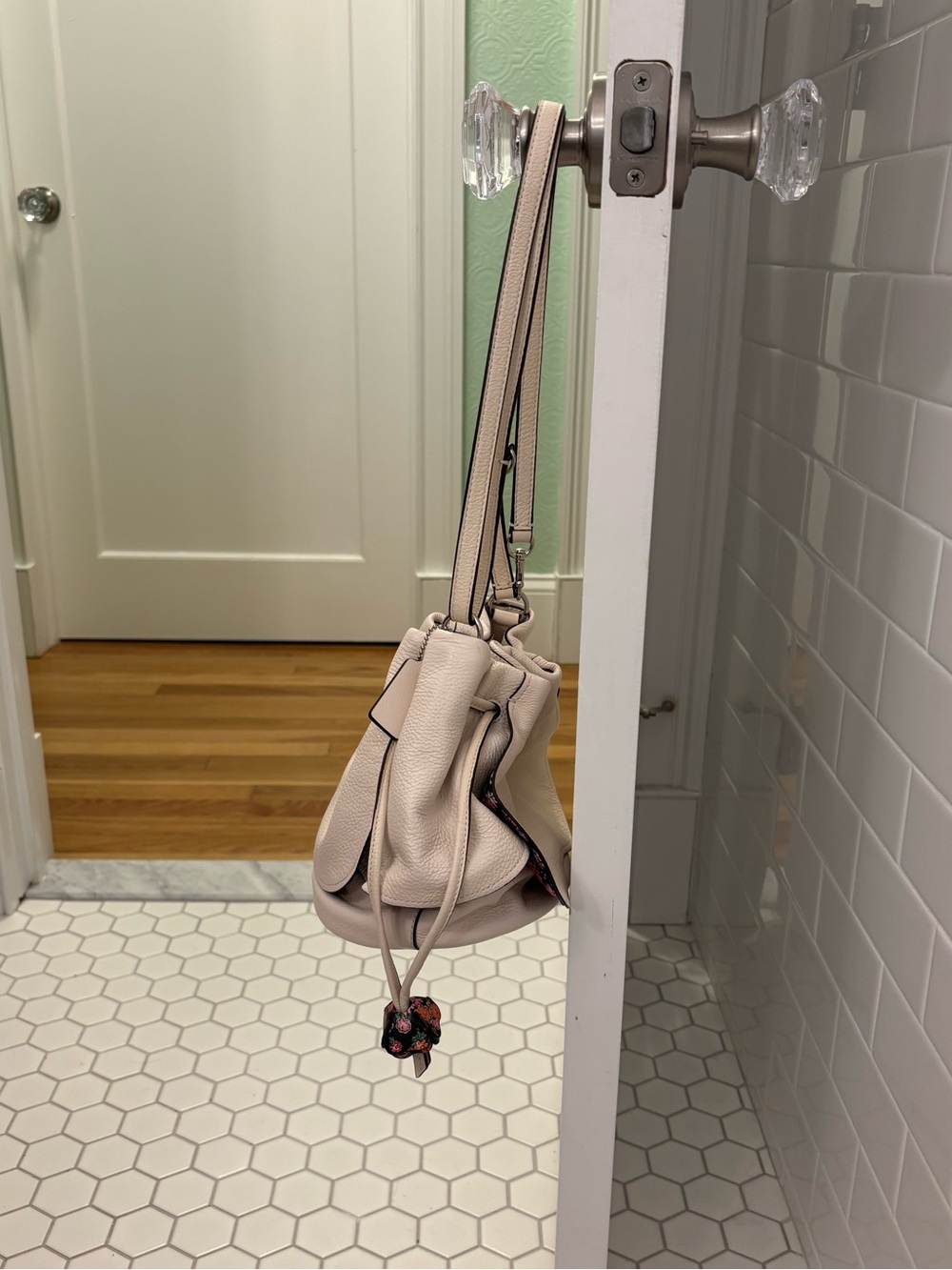Coach White Pebbled Leather Drawstring Petal Shoulder Bag with Floral Tassels - Picture 9 of 12